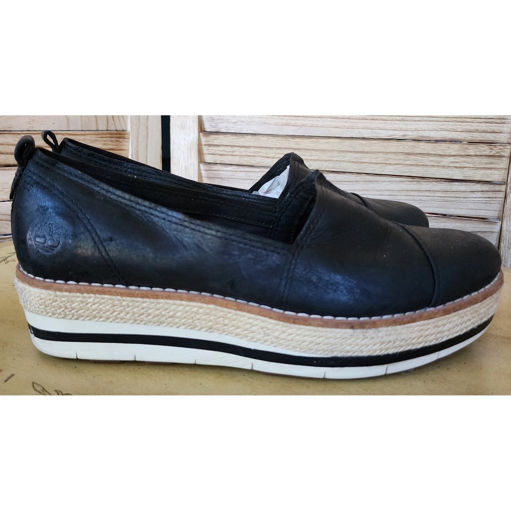Timberland Sz 10 Black Leather Caswell Espadrille Platform Slip On Minimalist